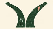 The gap Two people on diverging paths, with one moving further ahead